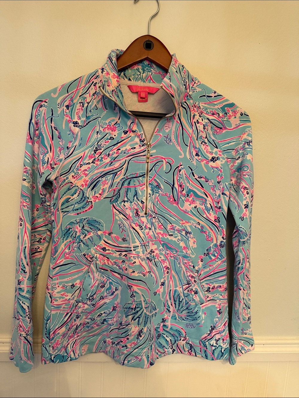Lilly Pulitzer Aqua Pullover with Pink & White Swirl Print